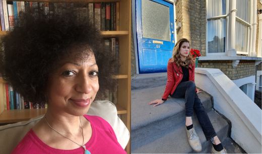 laurane and joanna a closeup of a woman smiling, and a photo of a woman sat on steps outside a blue door