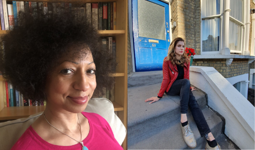 a closeup of a woman smiling, and a photo of a woman sat on steps outside a blue door