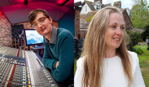 two images; a person with short hair and glasses sitting at a mixing desk, and a person with long blonde hair wearing a white top smiling 