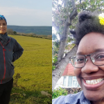 a composite of two images: one, a person standing with their hands on their hips in a field, the other - a person wearing a flower in their hair, wearing glasses with a huge smile