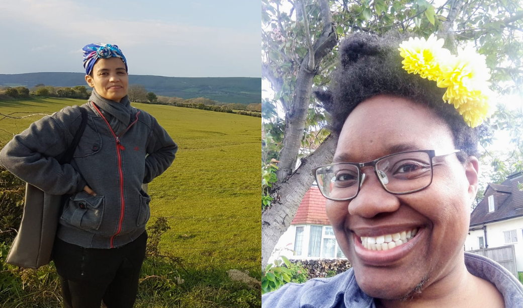 a composite of two images: one, a person standing with their hands on their hips in a field, the other - a person wearing a flower in their hair, wearing glasses with a huge smile