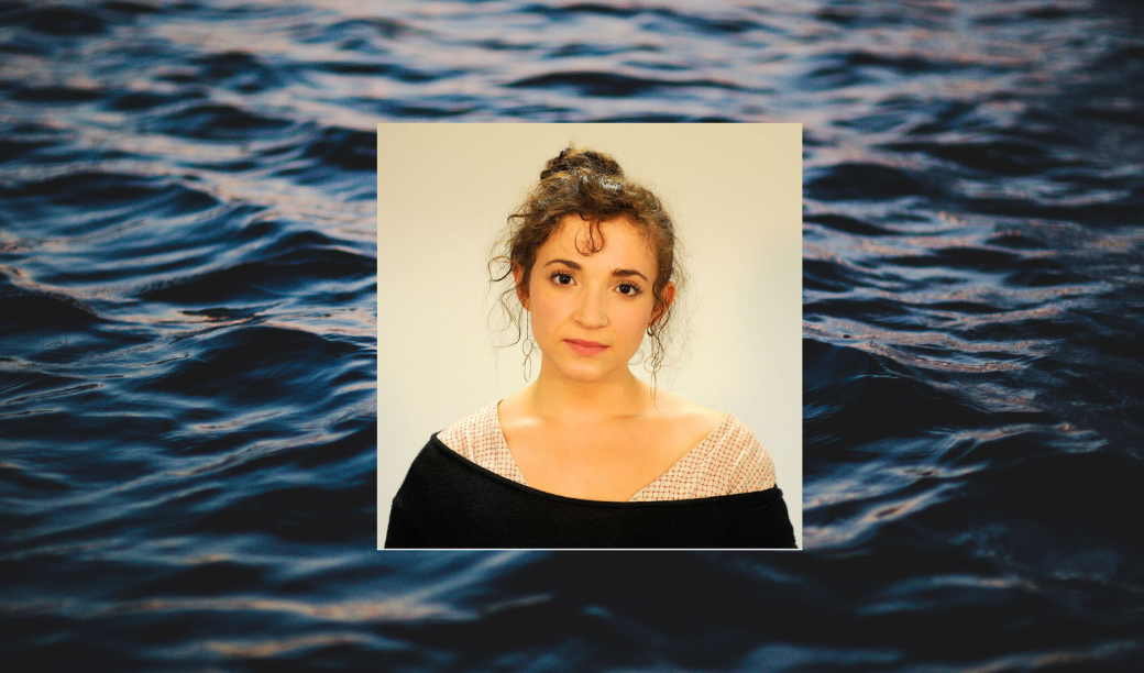 an image of Eleanor Penny, a person with brown hair tied in a ponytail, overlaid over a closeup photo of waves at sea