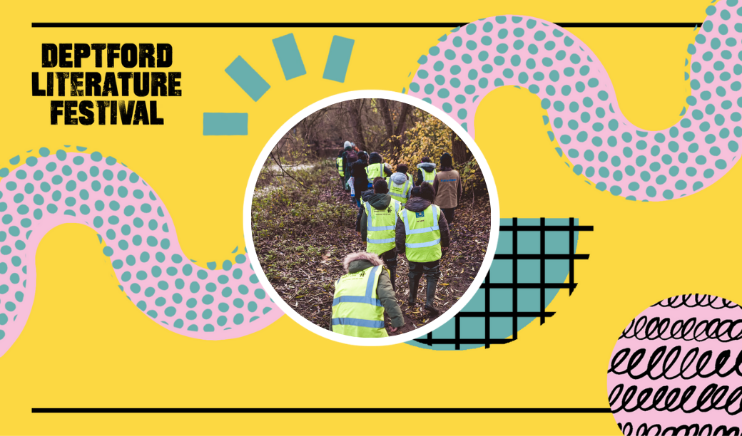 Yellow Banner with swirls and patterns on with 'Deptford Literature Festival' written on the top left and an image of children wearing high vis vests walking through a park in the middle