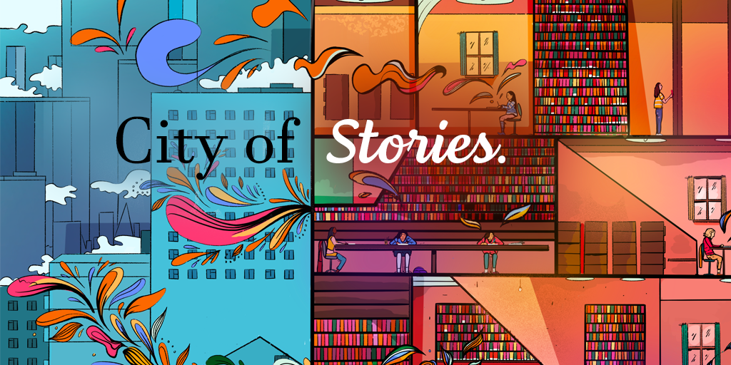 an illustrated Cityscape and inside of a library