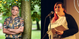 On the left is a Brown South Asian man in a flowery shirt standing against a tree with his arms folded, next to a A landscape photograph of a heavy-set woman stood in front of a primarily black backdrop in three-quarters profile. Behind her on the right is a projector screen and part of a circular logo is visible with the letters forming “the” and “po” cut off by the crop of the photo. She wears a very pale grey shirt, a black cropped bolero with full sleeves. Her hair which is multitonal reds and hot pink is swept to the left side, exposing her ear nearest to the camera. She looks serious but with a half smile, mouth open caught mid speech into the stage microphone in front of her. In her right hand she holds an a5 white notebook open with her thumb. There is a white watermark in the bottom right of the image of the same logo from the projection, but fully visible. It is a circle with a drawing of a stick figure holding up a barbell surrounded by the words “Raise the Bar”. In a circle around this it says “Spoken word” and “poetry”. 