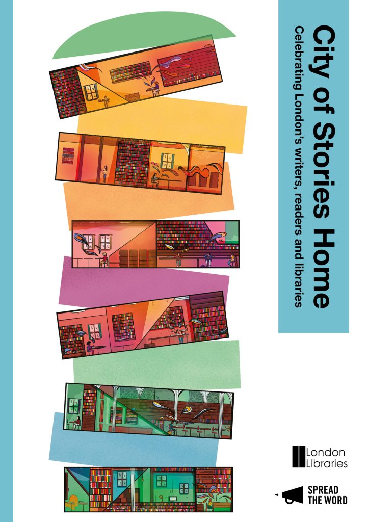 a collection of pastel purple, yellow, orange and turquoise rectangles stacked on top of each other, with 'City of Stories Home' written down the side in a black font. This image is the front cover of the City Of Stories Home anthology 