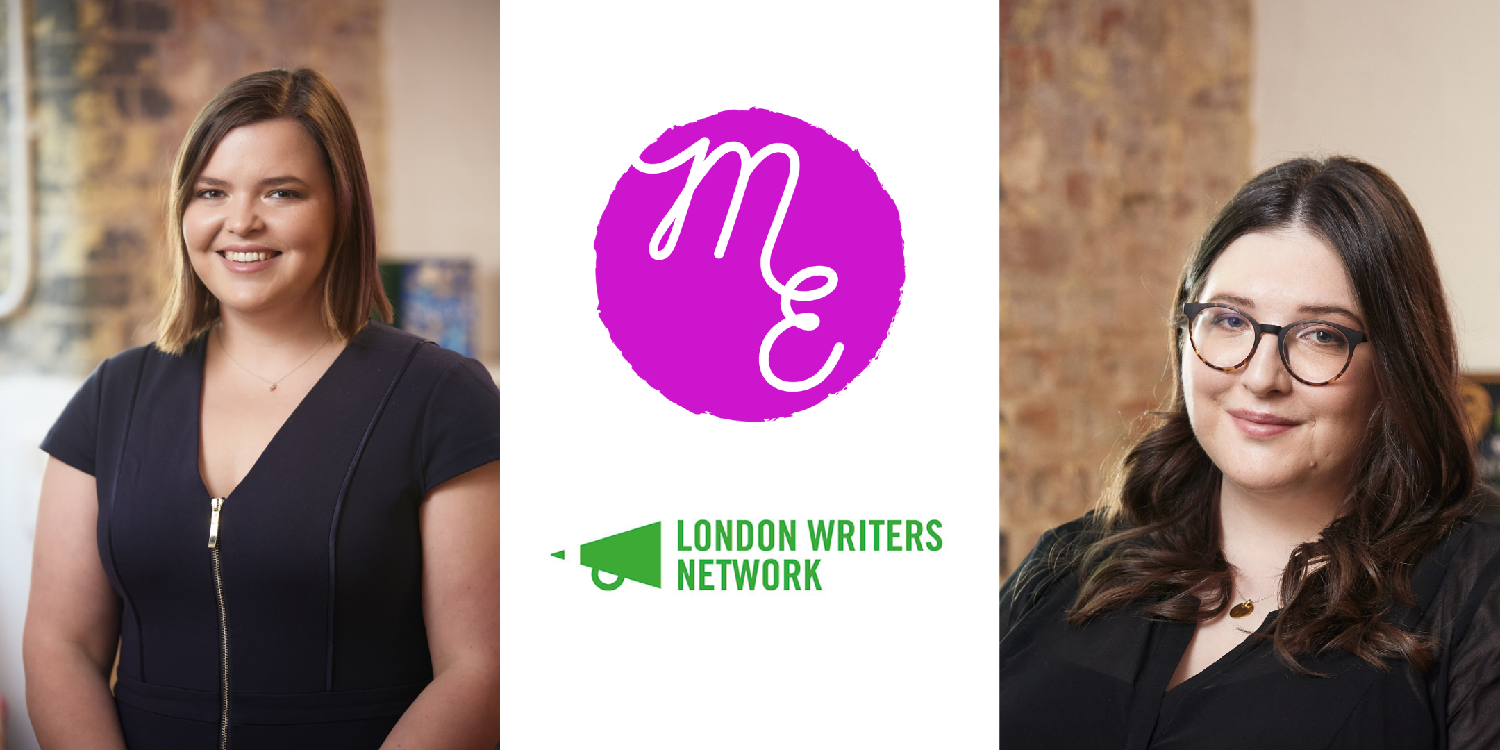 two women wearing black tops looking and smiling at the camera, with the Mushens Entertainment and London Writers Network logos in the middle