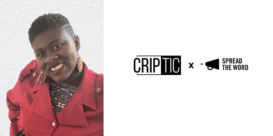A composite image with an image of Simi Roach on the left: Simi is dark-skinned Black woman who smiles and looks at the camera. She is wearing a bright red vintage swallow-tail trench coat with a purple patterned shirt visible underneath, dark red lipstick, and purple patterned earrings. Her hair is shaved on both sides. On the right of the photo are two black logos against a white background which read CRIPtic x SPREAD THE WORD.