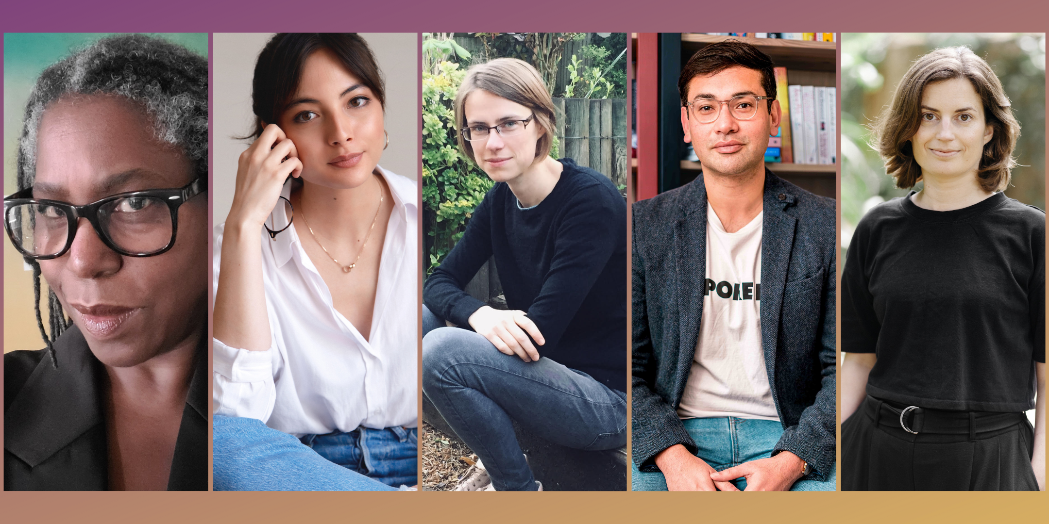 Composite image of five rectangular photos of writers. L to R: Pam Williams, Cecile Pin, Han Smith, Santanu Bhattacharya, Ana Fletcher.