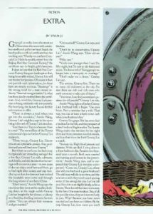 Page from a magazine featuring a short story titled "EXTRA" by Yiyun Li. The left side has the text in columns; the right shows a washing machine door and a laundry basket.