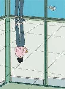 A surrealist, animated image of a person in a pink shirt standing on a ceiling, with their reflection on the floor. A plane is visible through large windows.