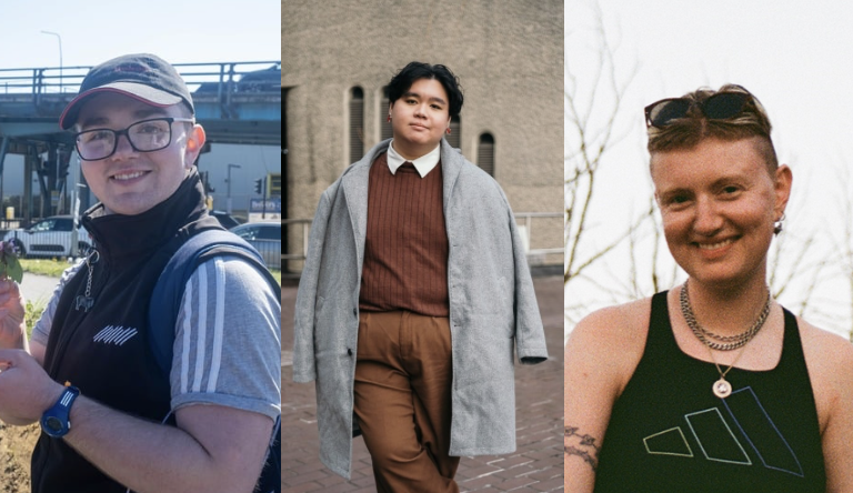 A composite image of three writers. Left-right: Aislinn is a white masculine woman standing in front of a motorway flyover and smiling, holding a plant. She's wearing a honda cap, glasses, a bodywarmer and a backpack. Conan, wearing a brown sweater and grey trench coat, standing in front of the Barbican Centre. Finn, a white non-binary person in their early thirties, smiles towards the camera. Their hair is pushed back by sunglasses, and they are wearing a black sleeveless top with silver chains around their neck. They are outside and the sky behind them is nearly white, the tree in the background leaf-less.